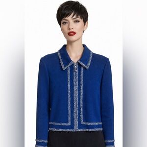 St. John Elegant Blue Women's Jacket Crystal Zipper Embellishment Santana Knit